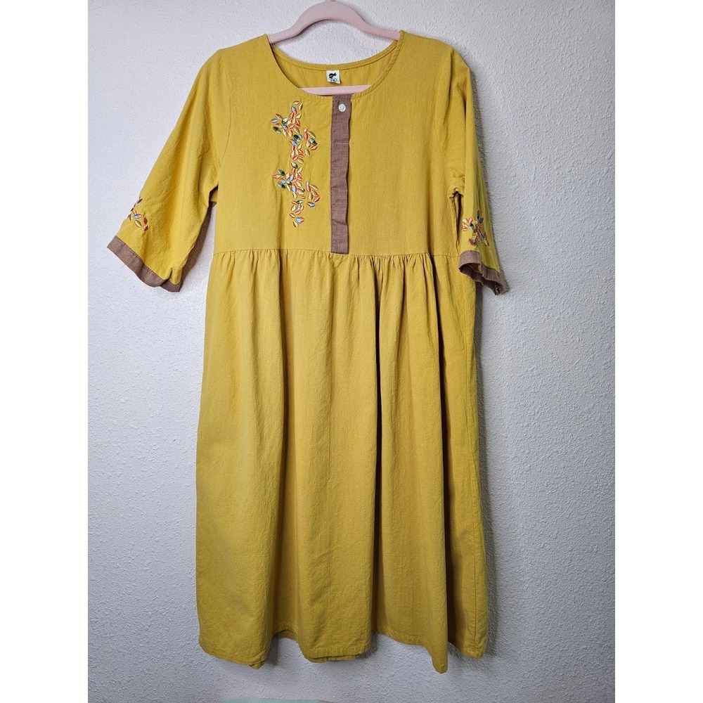 Embroidered Midi Dress in Mustard Yellow